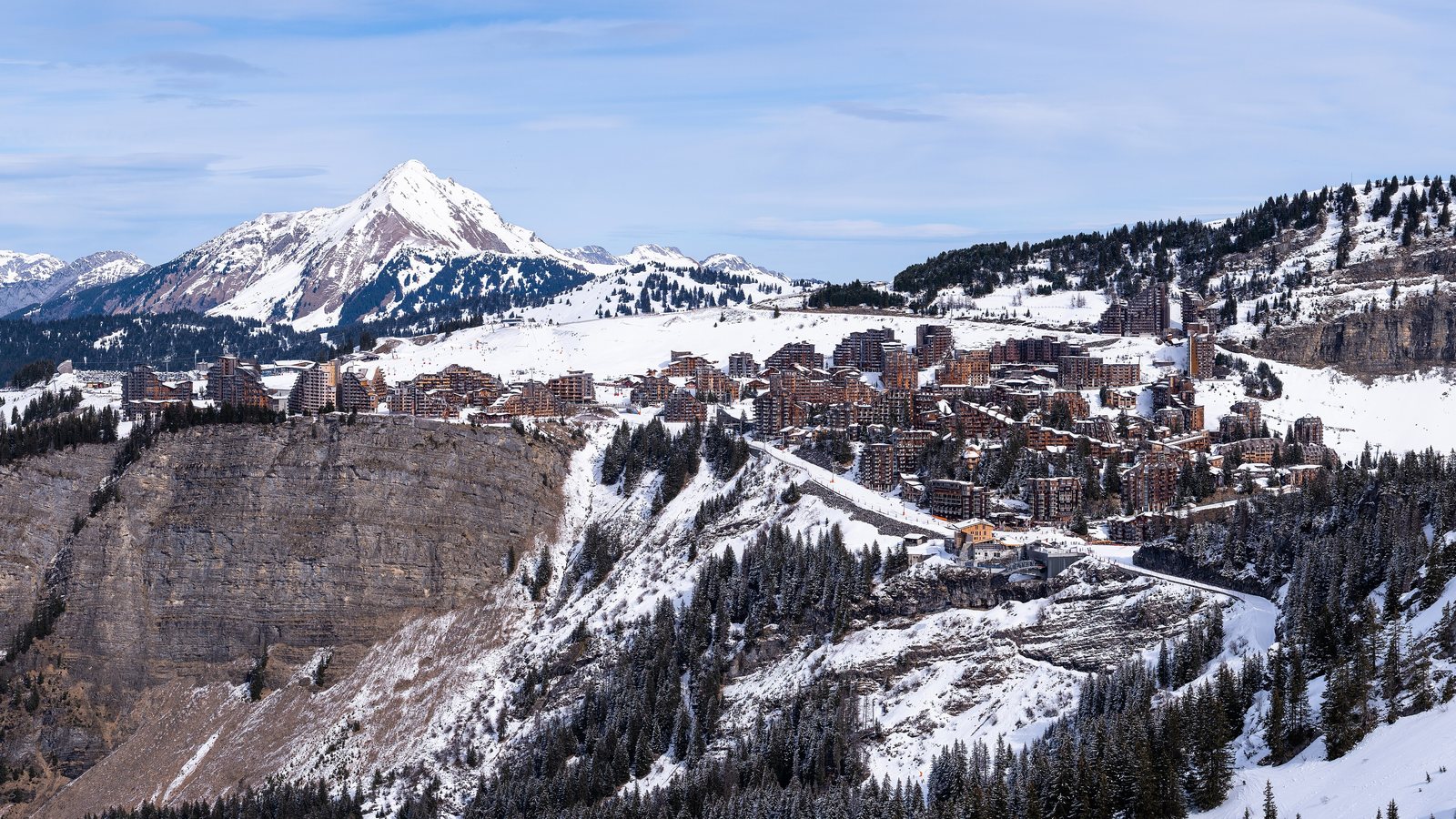 Avoriaz perched on its cliff in winter