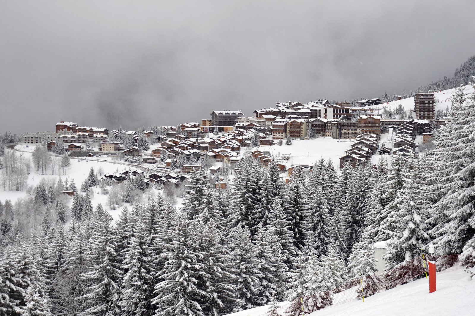 Courchevel Moriond (1650) seen through snowy trees from Courchevel Village