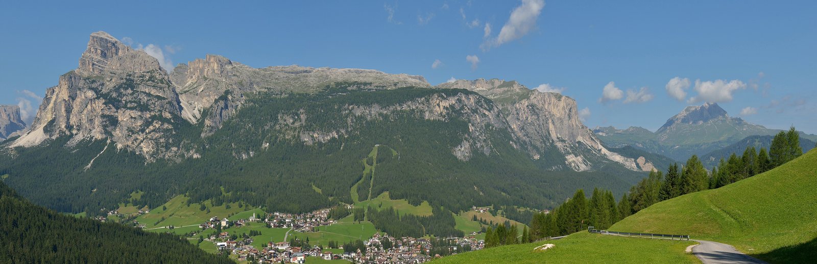 La Villa below the Sassongher and Gardenaccia, with the Gran Risa run
