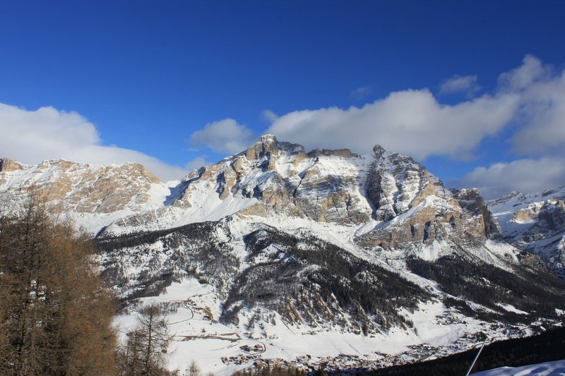 The Lavarella and Conturines peaks above San Cassiano in winter