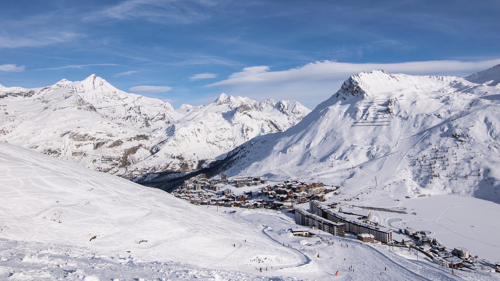 Tignes Le Lac seen from its ski area in winter