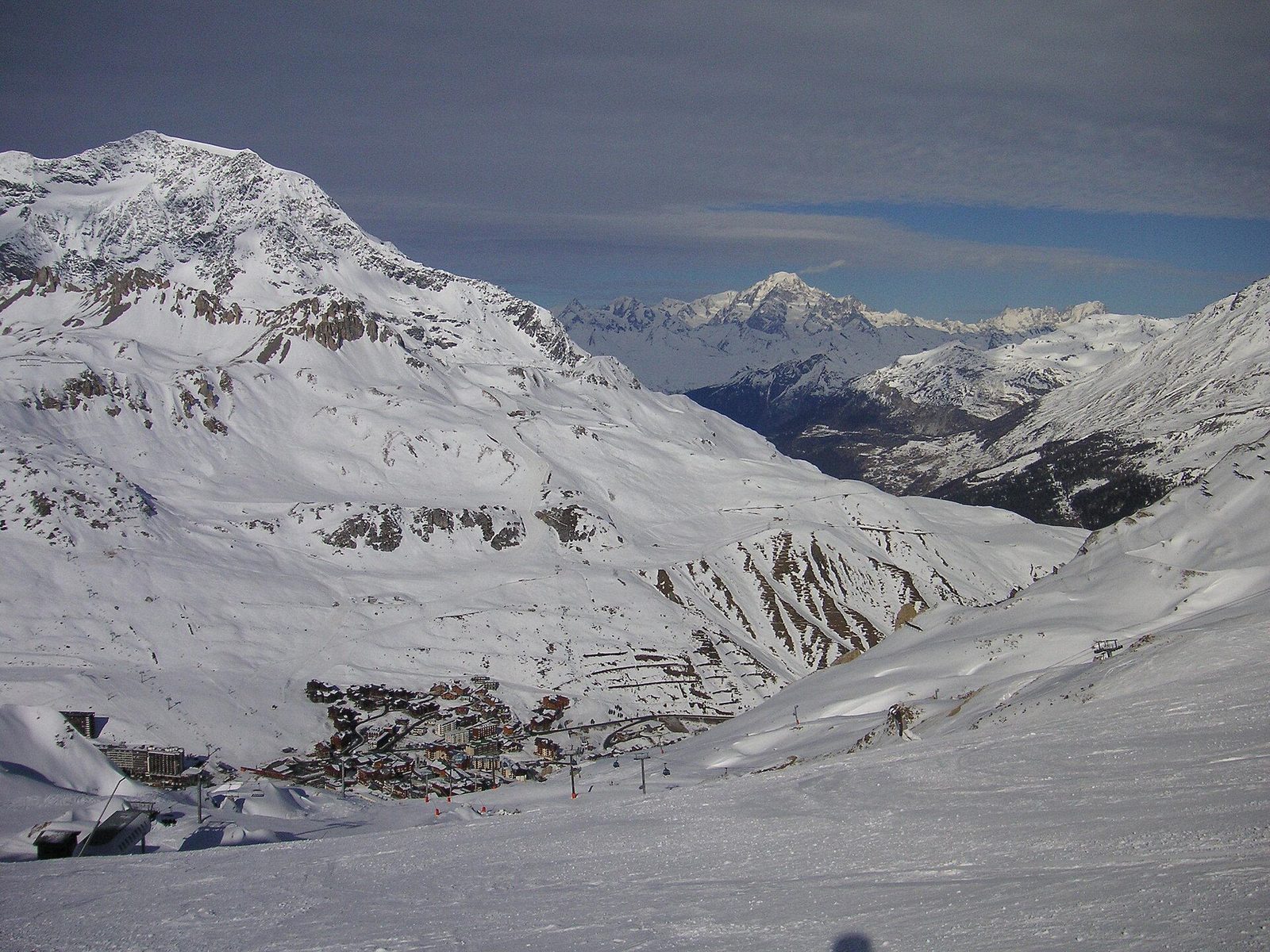Val Claret below the snowy slopes of Tignes