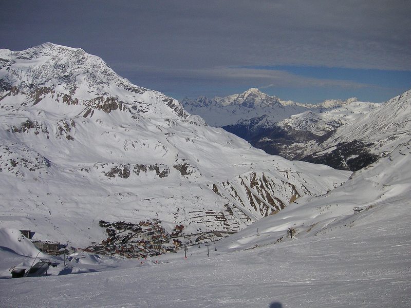 Val Claret below the snowy slopes of Tignes