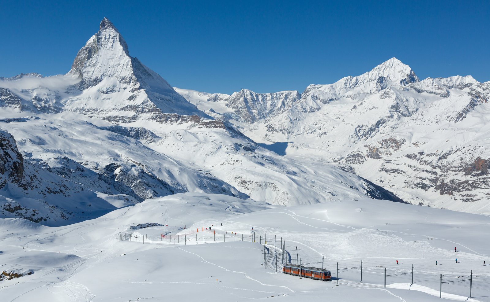 The Matterhorn above the Gornergrat ski slopes and railway