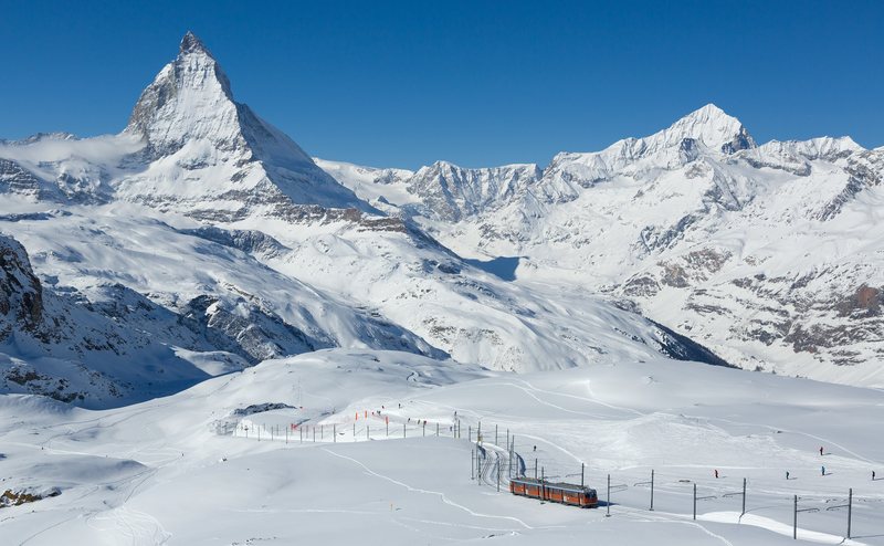 The Matterhorn above the Gornergrat ski slopes and railway