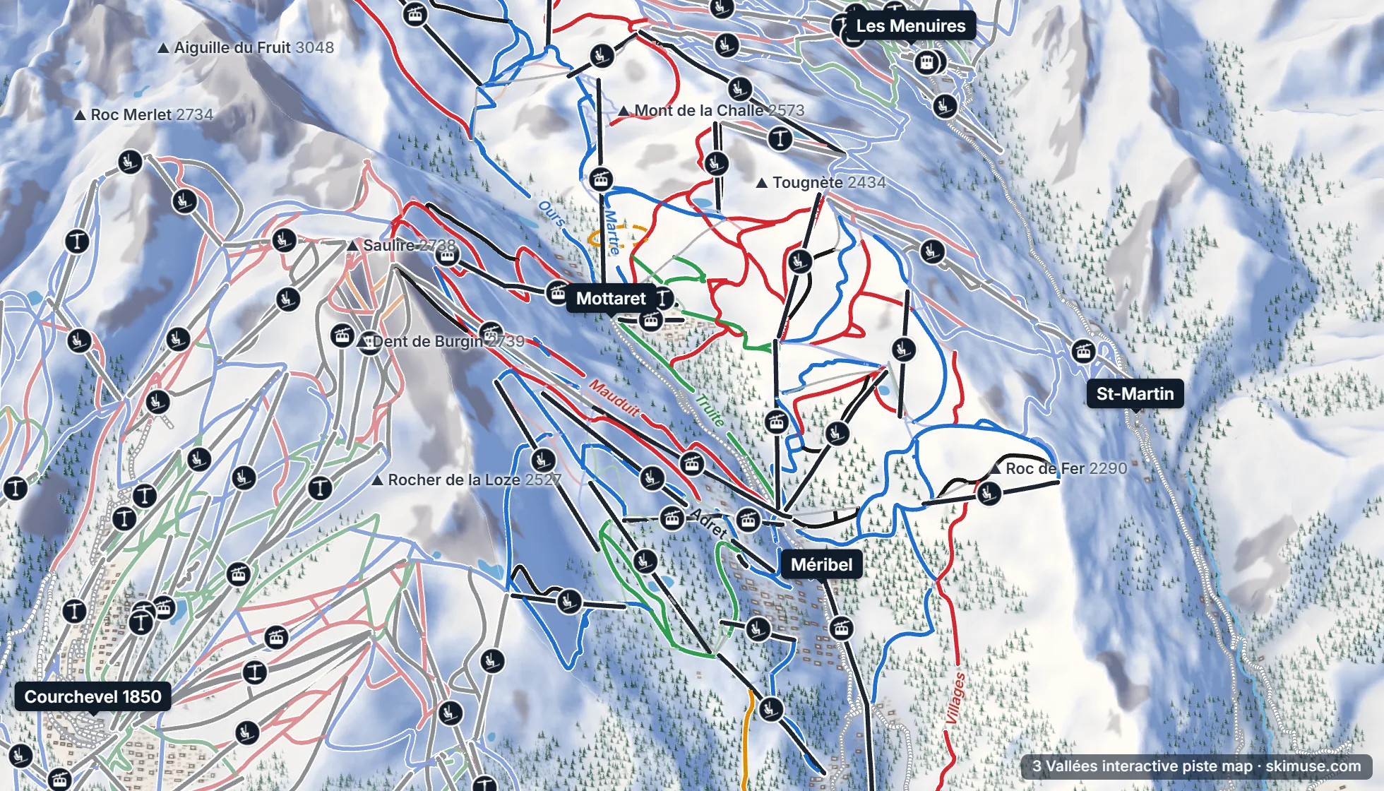 Piste map of Meribel: pistes, lifts and villages on the 3D terrain