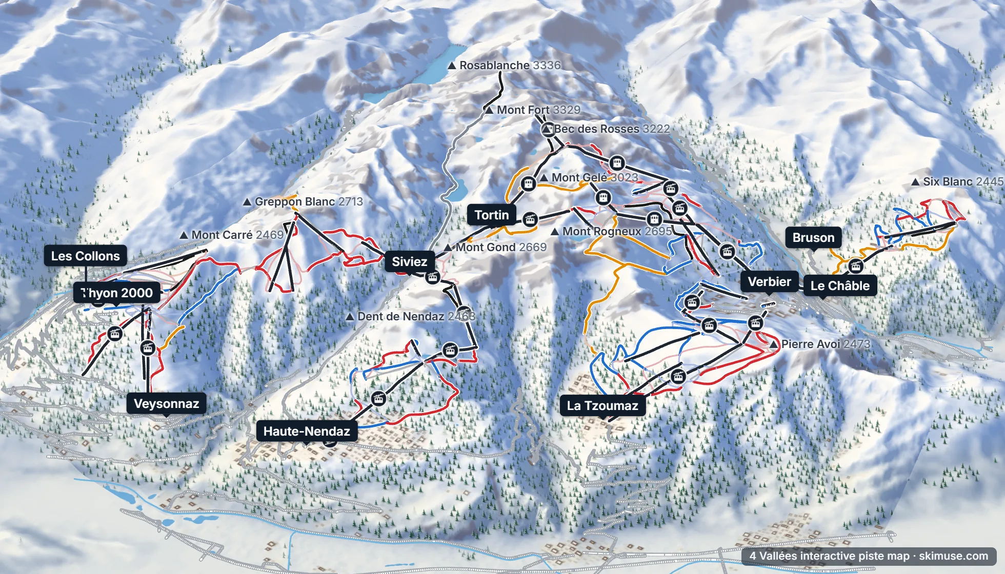 Piste map of 4 Vallées: pistes, lifts and villages on the 3D terrain