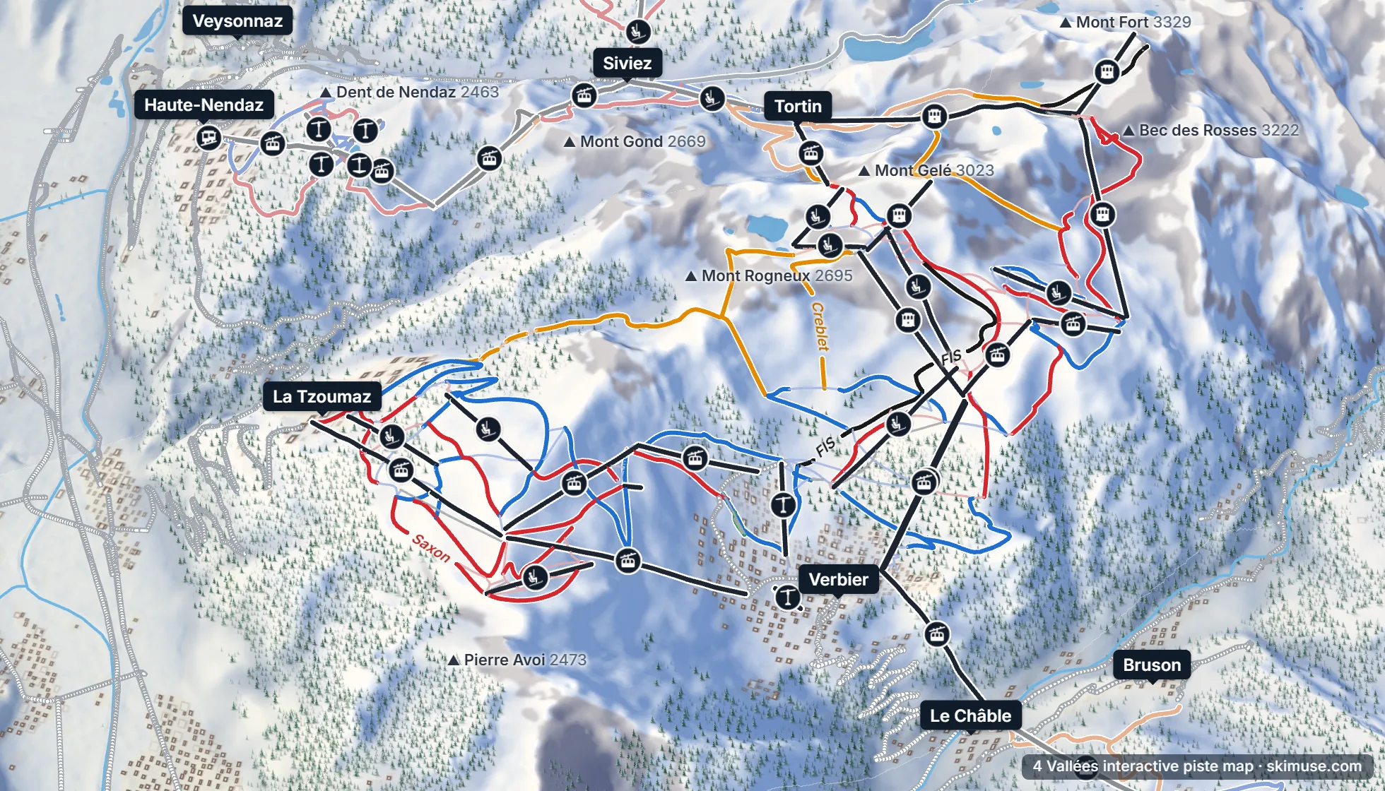 Piste map of the 4 Vallées: pistes, lifts and villages on the 3D terrain
