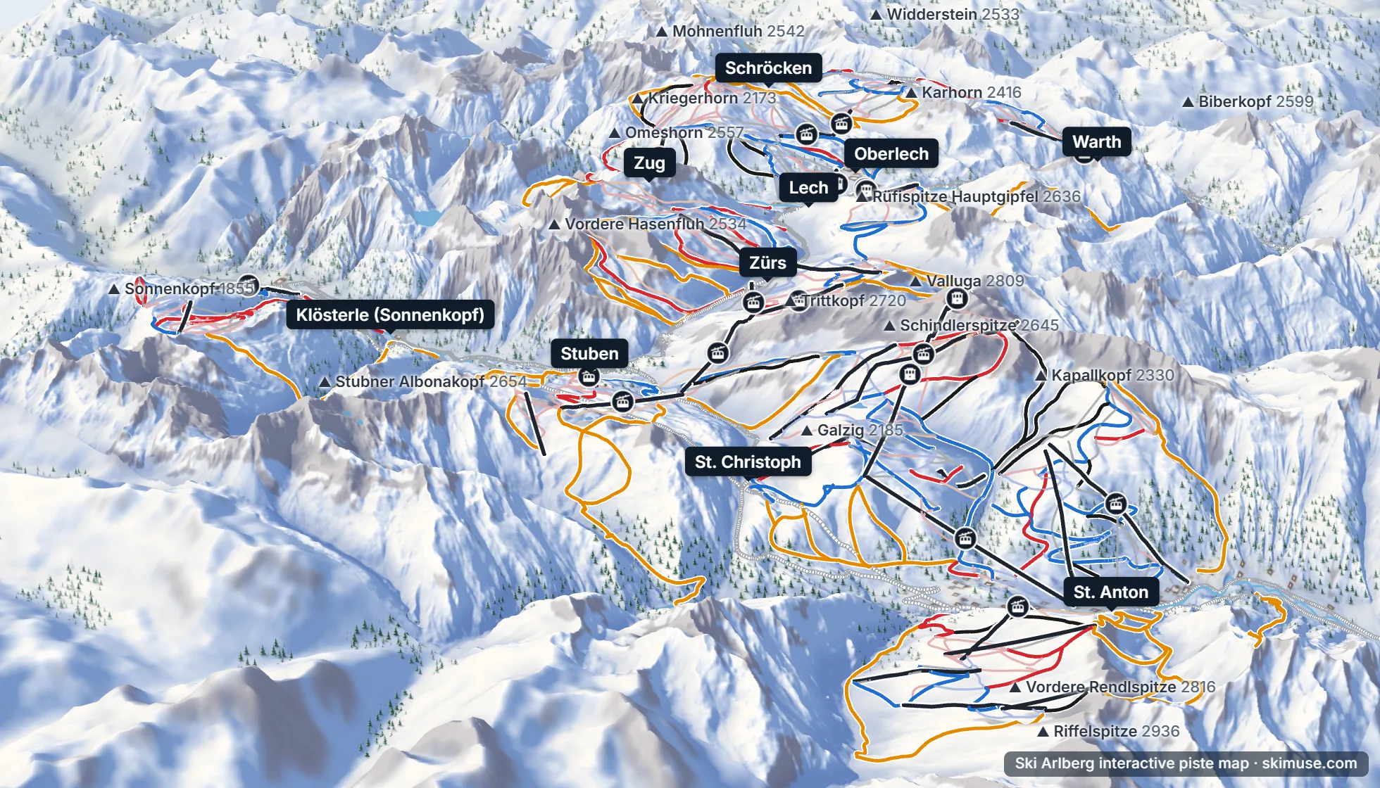 Piste map of Ski Arlberg: pistes, lifts and villages on the 3D terrain