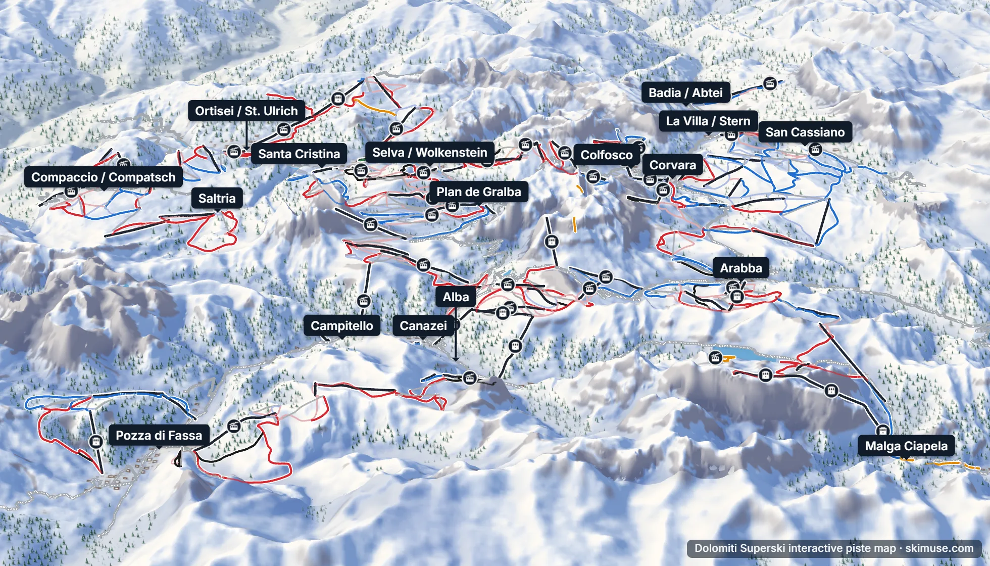 Piste map of Dolomiti Superski: pistes, lifts and villages on the 3D terrain