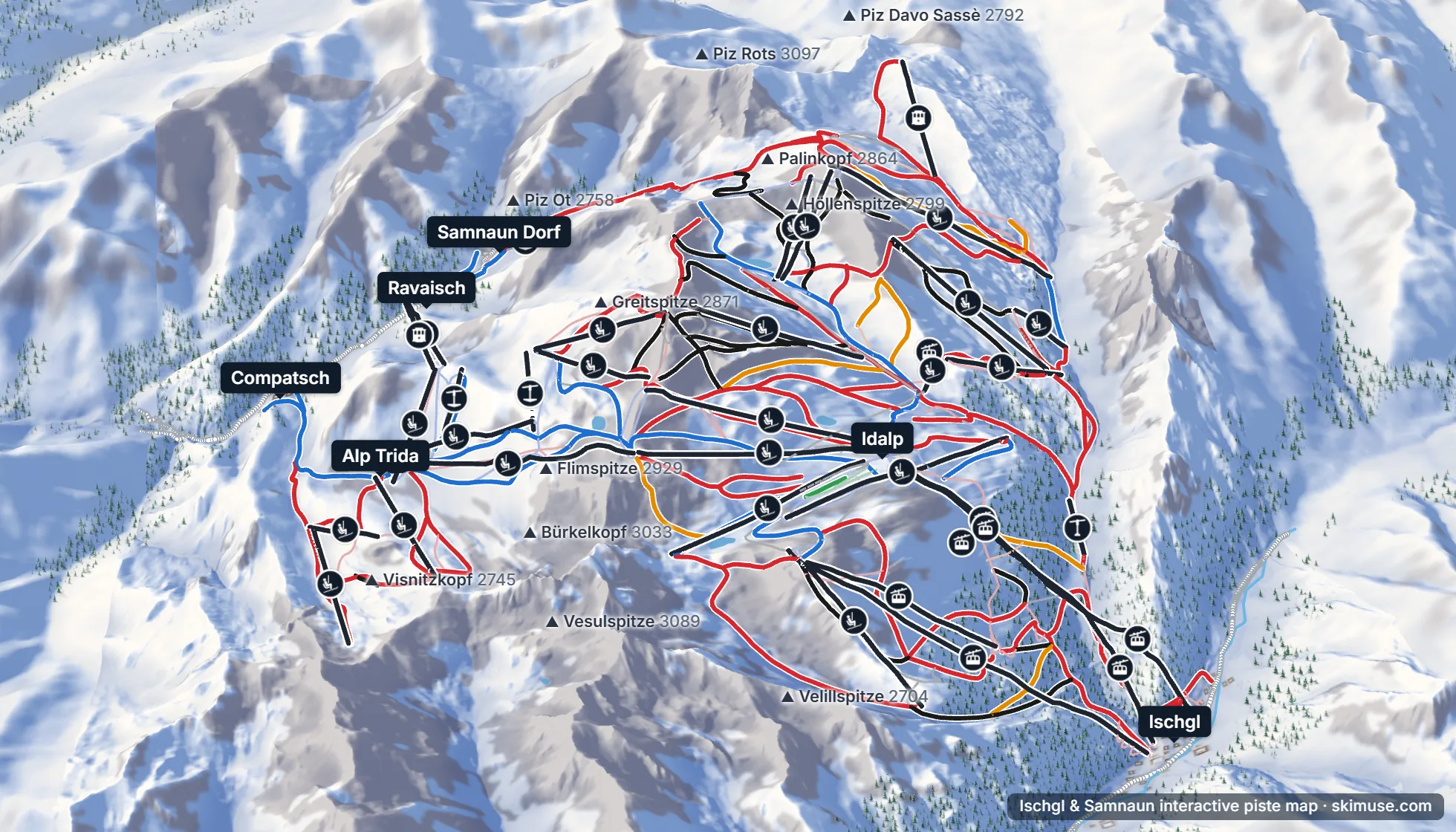 Piste map of Ischgl & Samnaun: pistes, lifts and villages on the 3D terrain