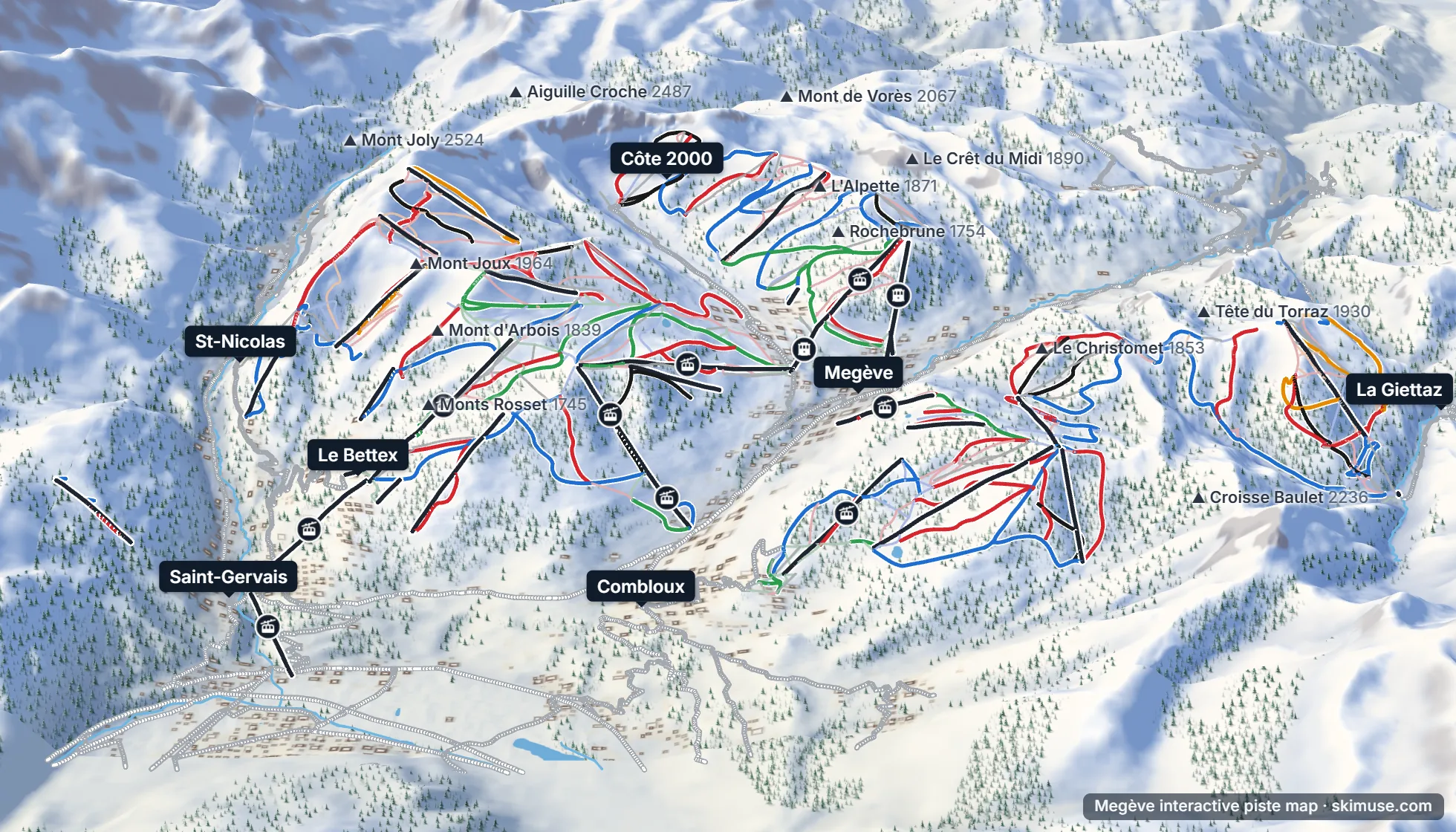 Piste map of Megève: pistes, lifts and villages on the 3D terrain