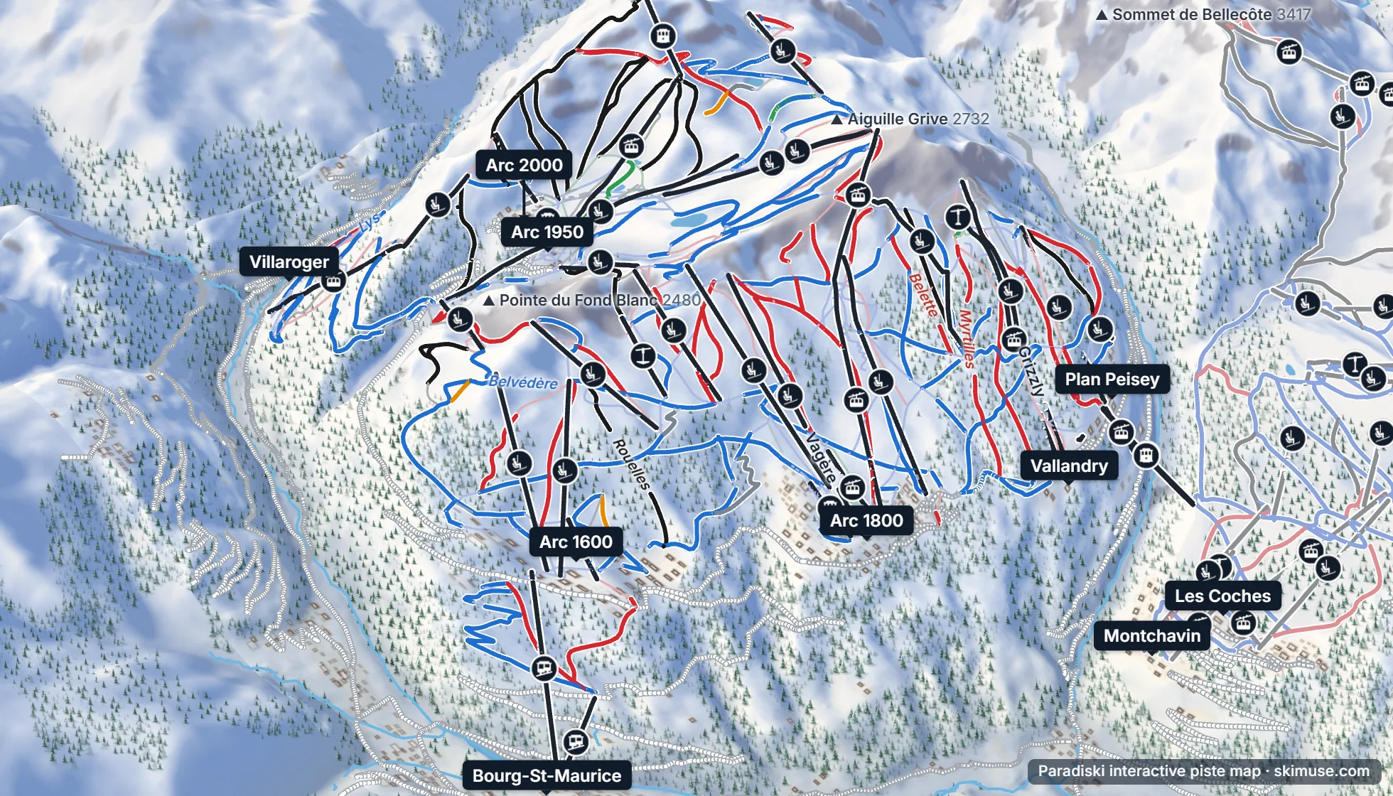 Piste map of Paradiski: pistes, lifts and villages on the 3D terrain