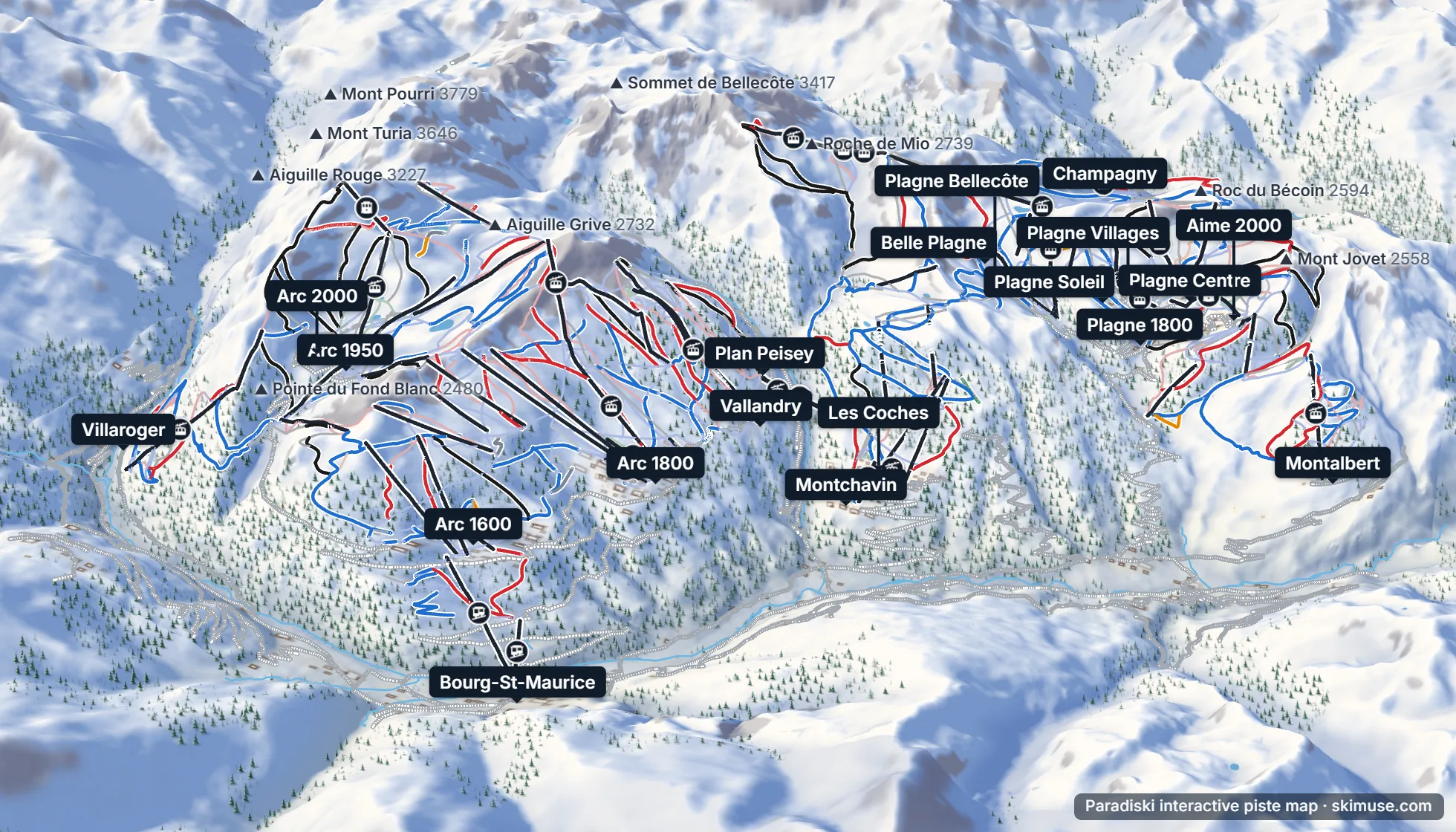 Piste map of Paradiski: pistes, lifts and villages on the 3D terrain