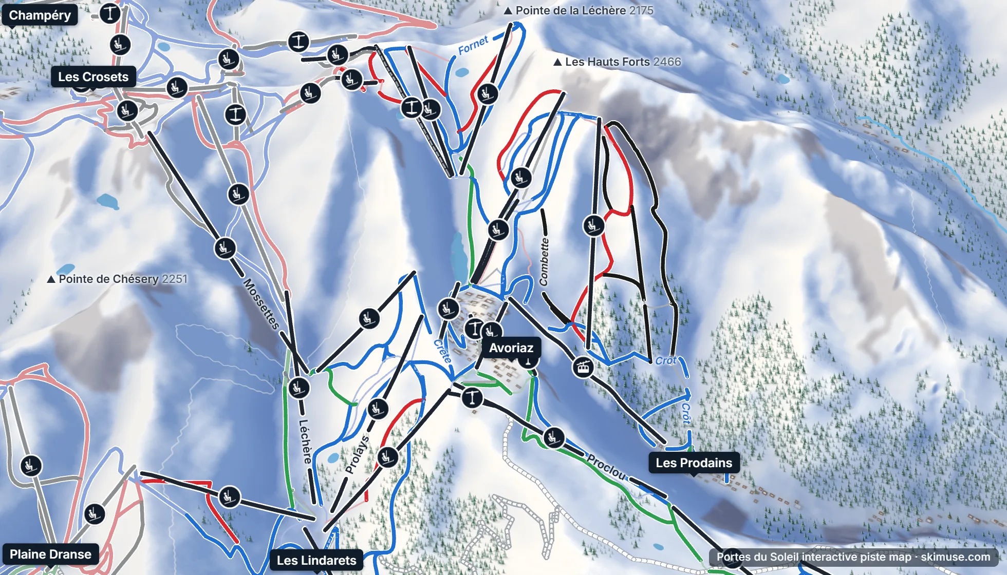 Piste map of Portes du Soleil: pistes, lifts and villages on the 3D terrain