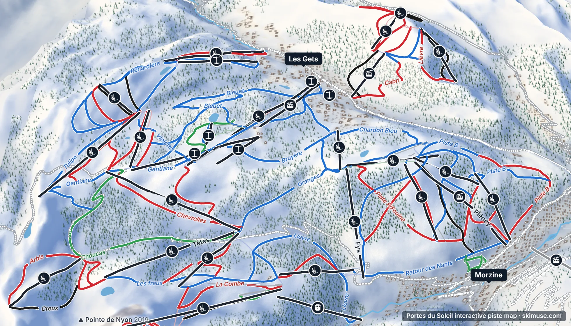 Piste map of Portes du Soleil: pistes, lifts and villages on the 3D terrain