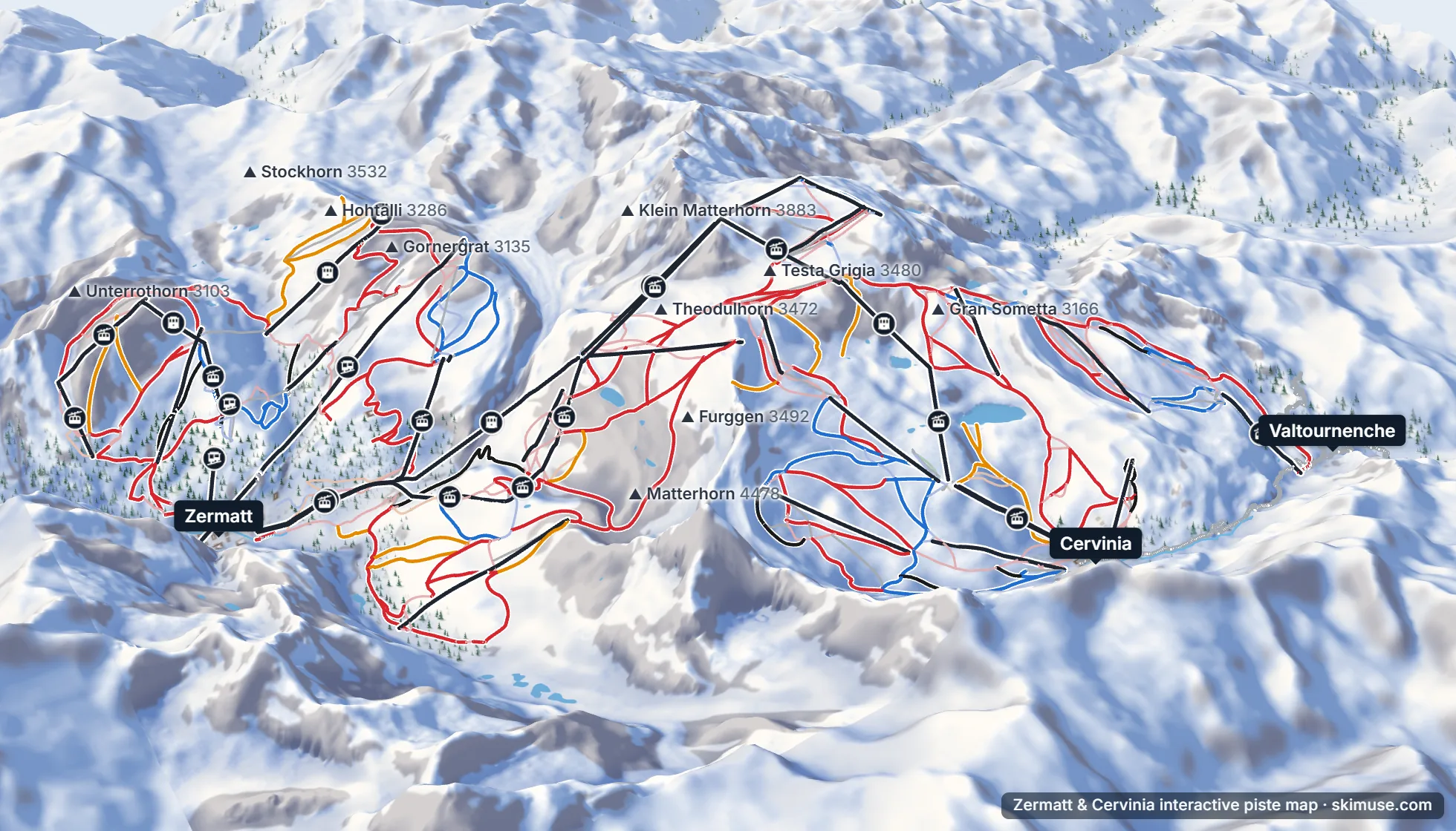 Piste map of Zermatt & Cervinia: pistes, lifts and villages on the 3D terrain