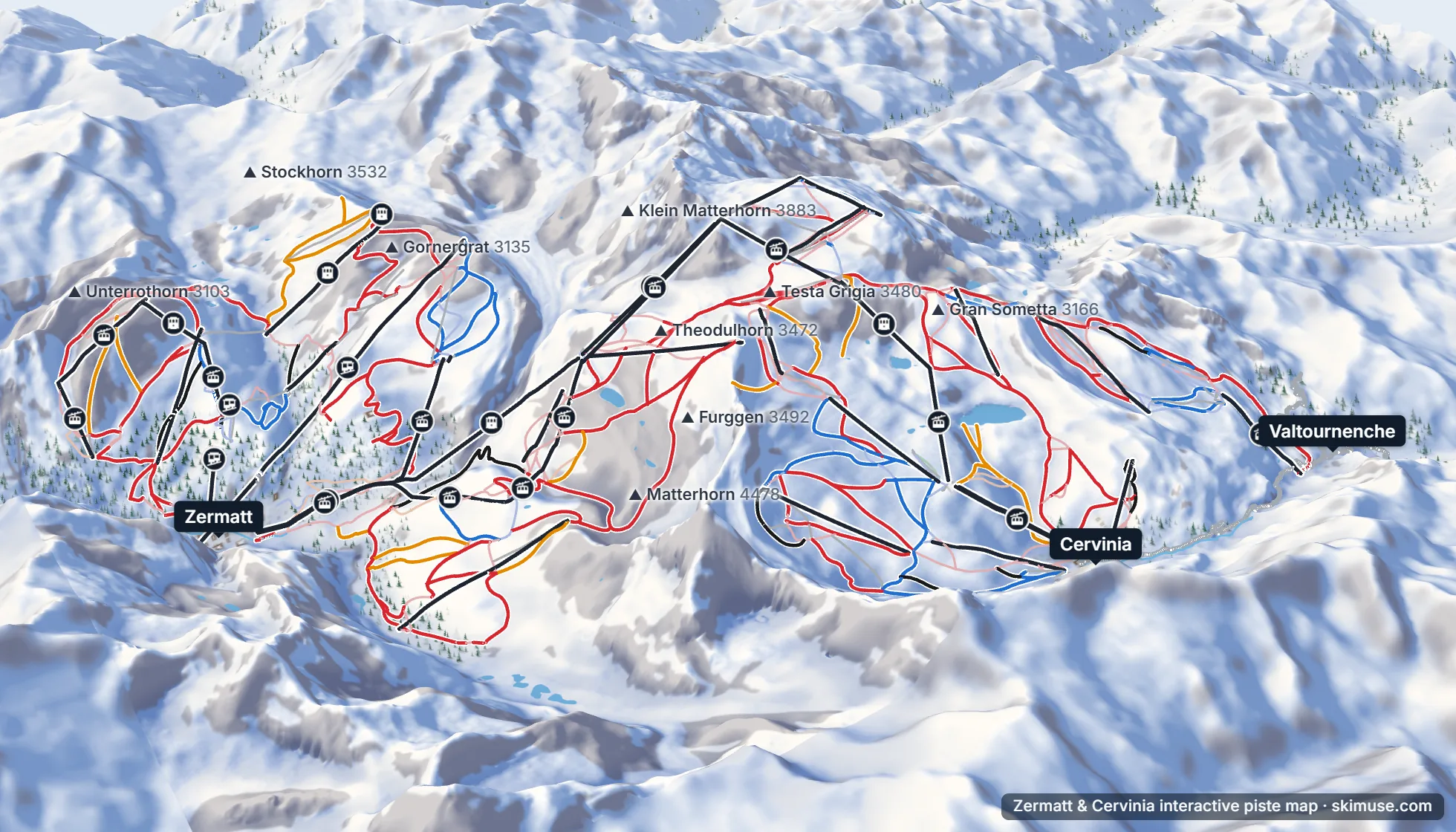 Piste map of Zermatt and Cervinia (Matterhorn ski paradise): pistes, lifts and villages on the 3D terrain