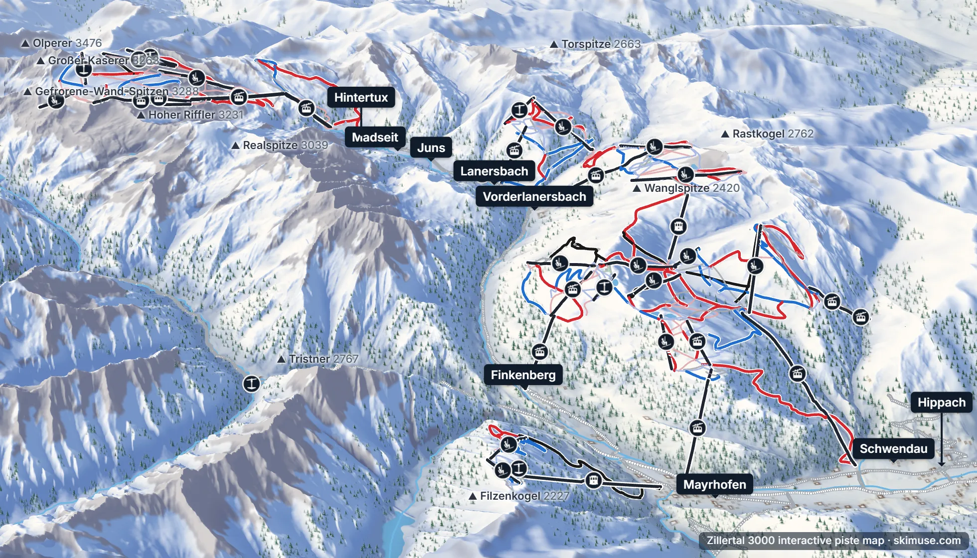 Piste map of the Zillertal 3000 ski area: pistes, lifts and villages on the 3D terrain